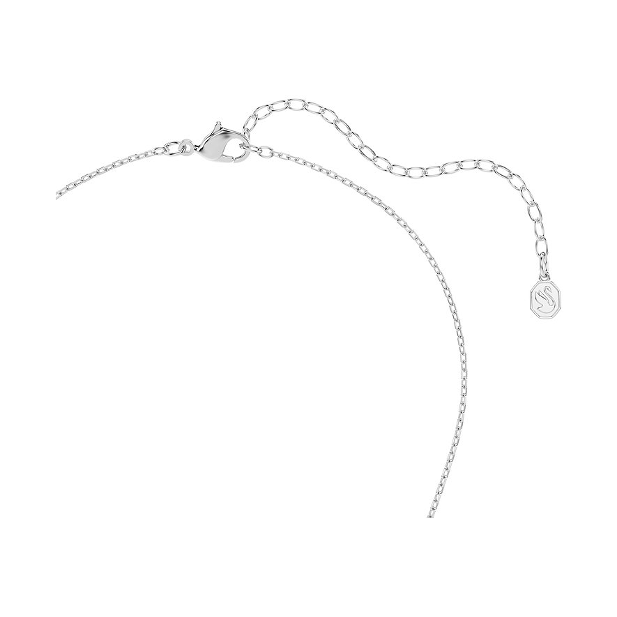 Nahaufnahme der Karabinerverschluss dieses Swarovski Halskettens aus Metall mit Verlängerung und Schwan-Logo.