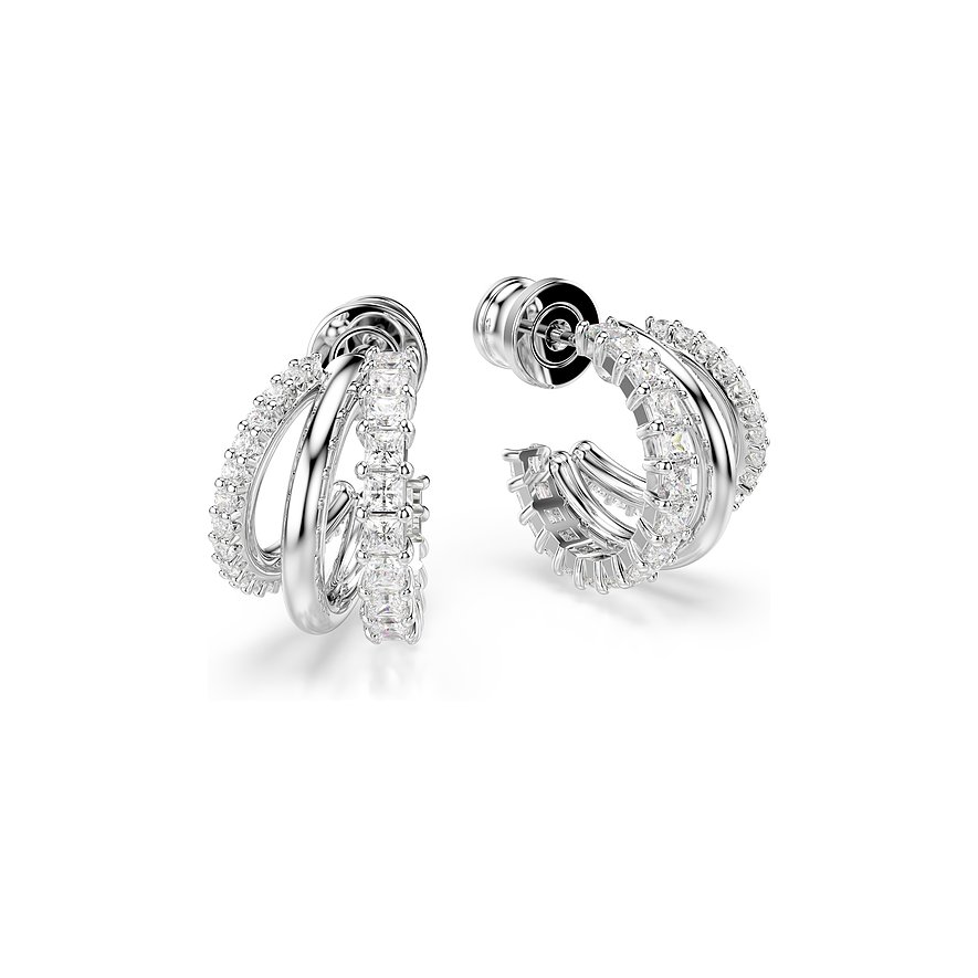 Ein Paar Swarovski Creolen aus Metall mit mehreren Reihen von funkelnden, klaren Swarovski Kristallen.