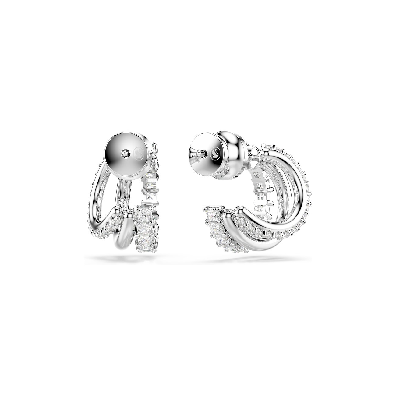 Ein Paar Swarovski Ohrschmuck aus Metall mit zwei geschwungenen Reihen von klaren Swarovski-Kristallen.