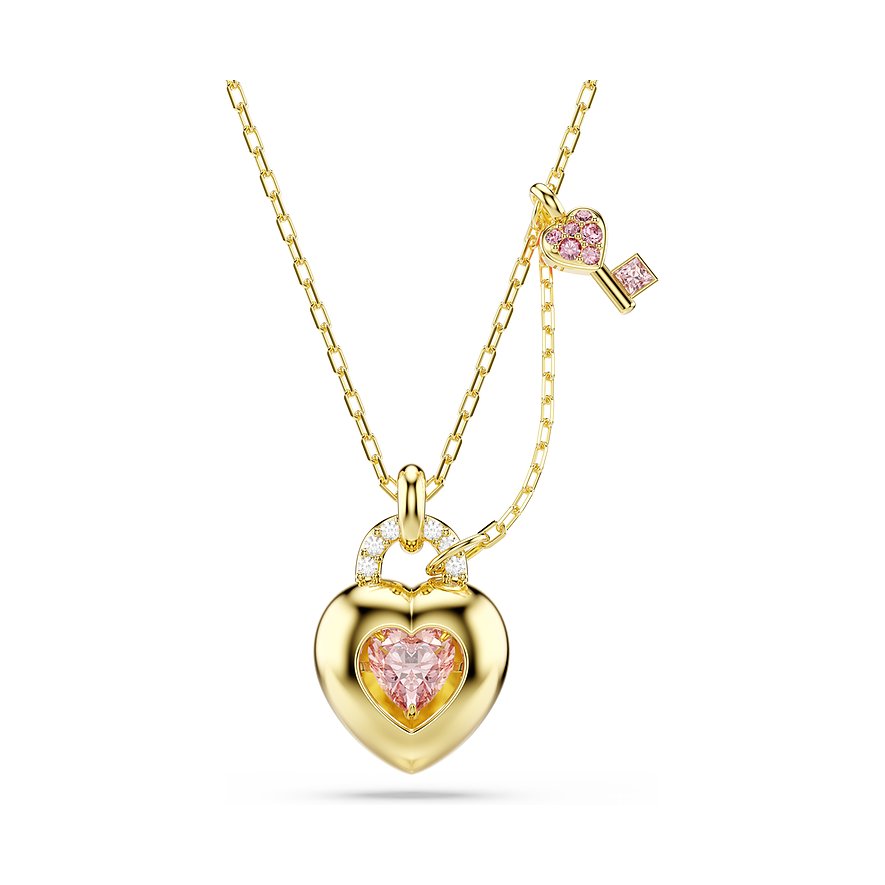 Swarovski Halsschmuck aus goldfarbenem Metall mit herzförmigem Schlossanhänger und Schlüssel mit pinkfarbenen Kristallen.