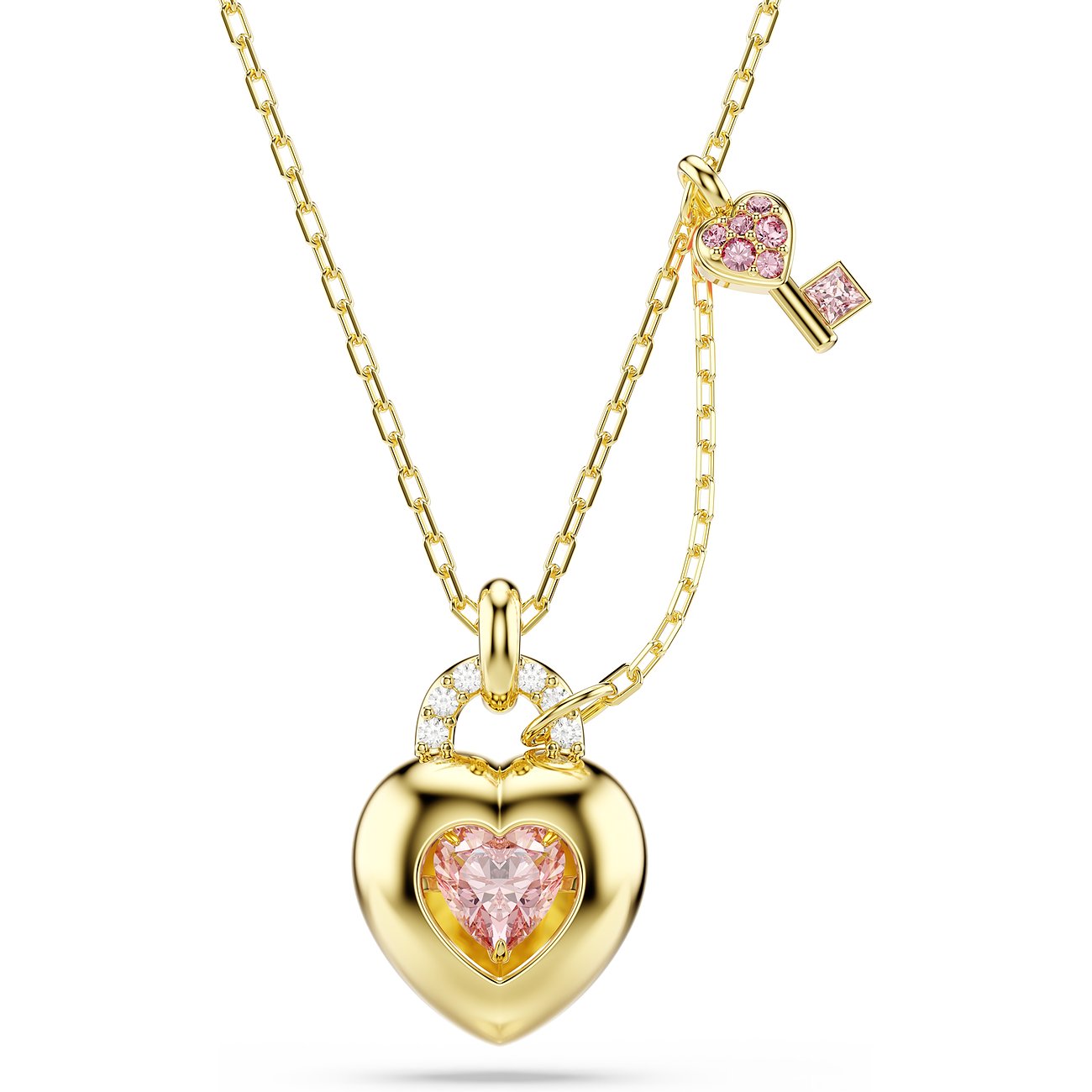 Swarovski Halsschmuck aus goldfarbenem Metall mit herzförmigem Schlossanhänger und Schlüssel mit pinkfarbenen Kristallen.