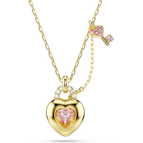 Swarovski collier van goudkleurig metaal met hartvormig slotje en sleutel versierd met roze kristallen.