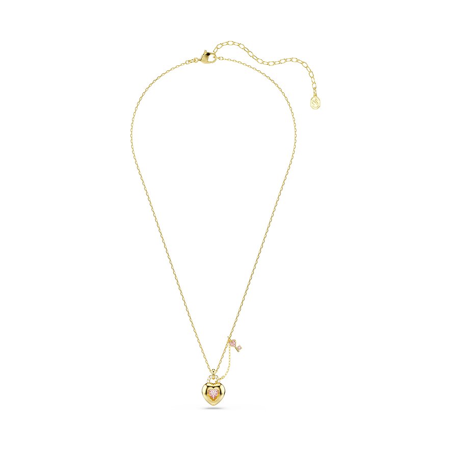 Swarovski Halskette aus goldfarbenem Metall mit herzförmigem Anhänger und rosa Swarovski-Kristallen.