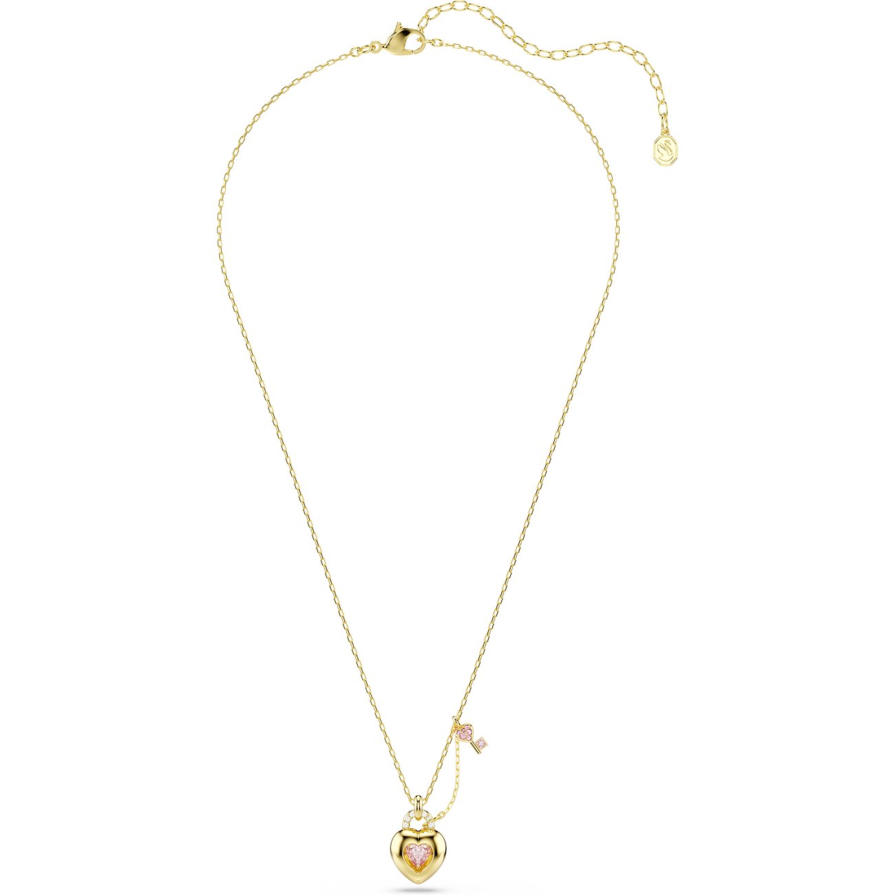 Swarovski Halskette aus goldfarbenem Metall mit herzförmigem Anhänger und rosa Swarovski-Kristallen.