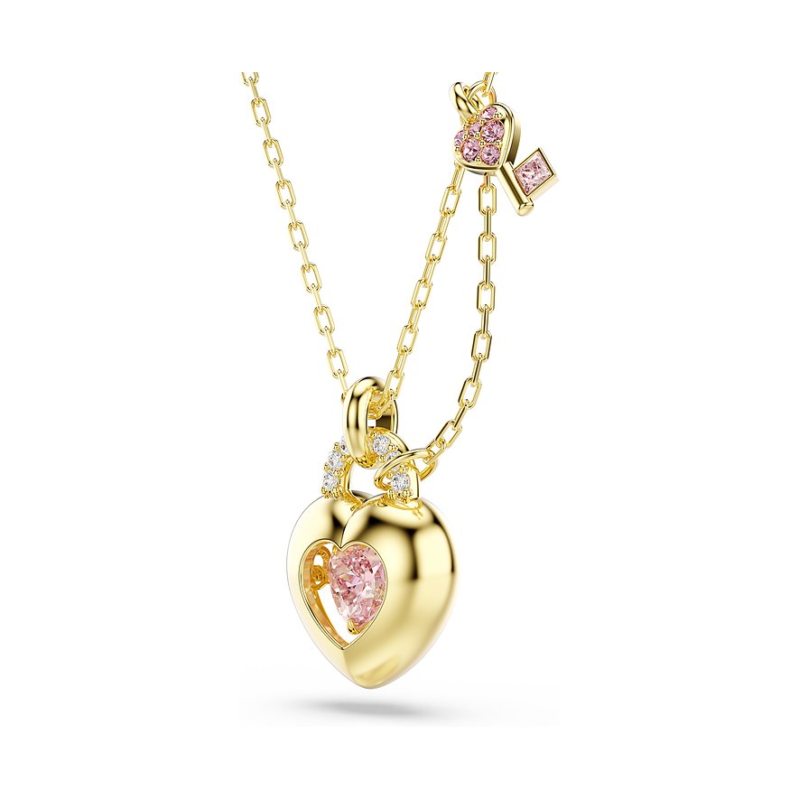 Swarovski Halskette: goldfarbener Herzanhänger mit pinkem Kristall und passendem Schlüsselanhänger.