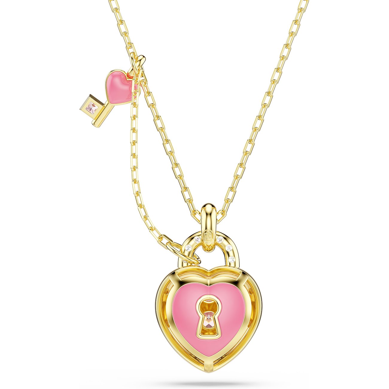 Swarovski Halsschmuck aus goldfarbenem Metall mit herzförmigem Schloss und Schlüssel, besetzt mit rosa Swarovski-Kristallen.