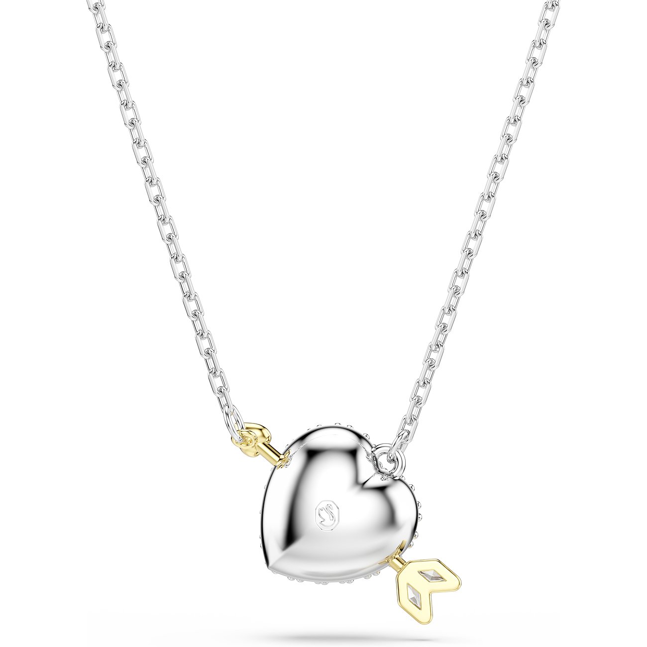 Swarovski Halsschmuck aus silberfarbenem Metall, ein Herzanhänger, der von einem goldenen Pfeil durchbohrt wird.
