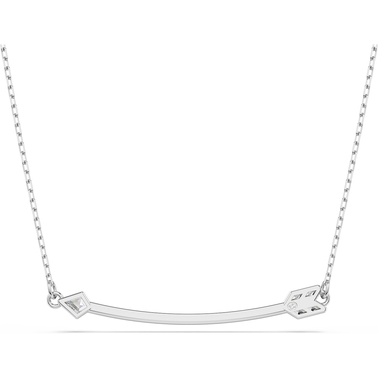 Swarovski Halskette aus Metall mit gebogenem Anhänger und einzelnen Swarovski Kristallen an den Enden.