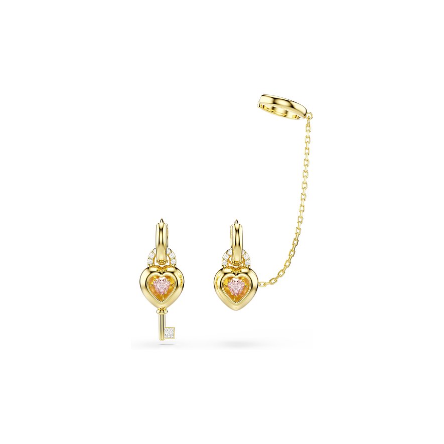 Swarovski Metall Ohrringe: goldener Herz-Schlüssel mit pinkem Kristall, passender Herz-Ohrring, mit Kette verbunden.