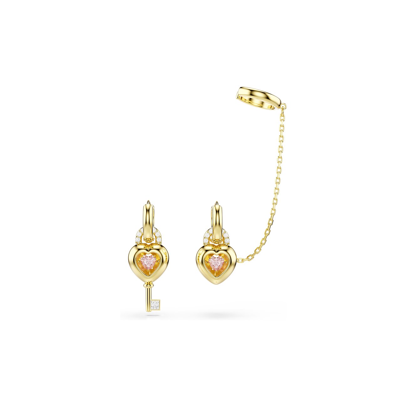 Swarovski Metall Ohrringe: goldener Herz-Schlüssel mit pinkem Kristall, passender Herz-Ohrring, mit Kette verbunden.