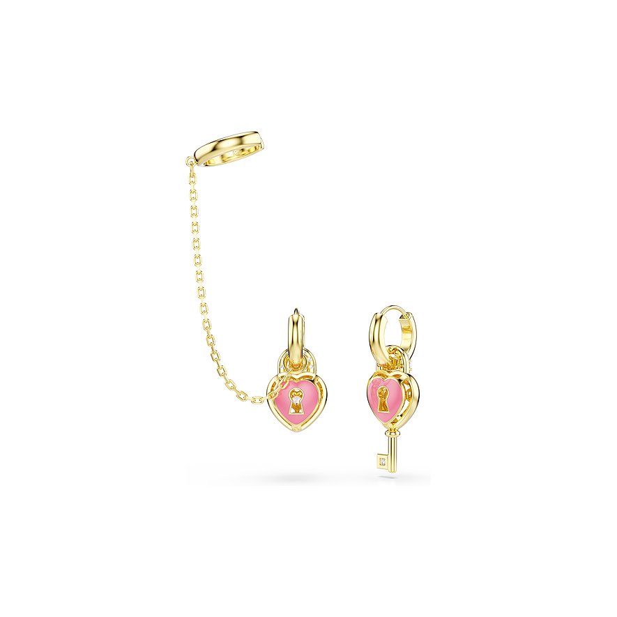 Swarovski Ohrschmuck aus Metall und Farbedelsteinen, bestehend aus herzförmigem goldfarbenem Schloss und passendem Schlüssel.