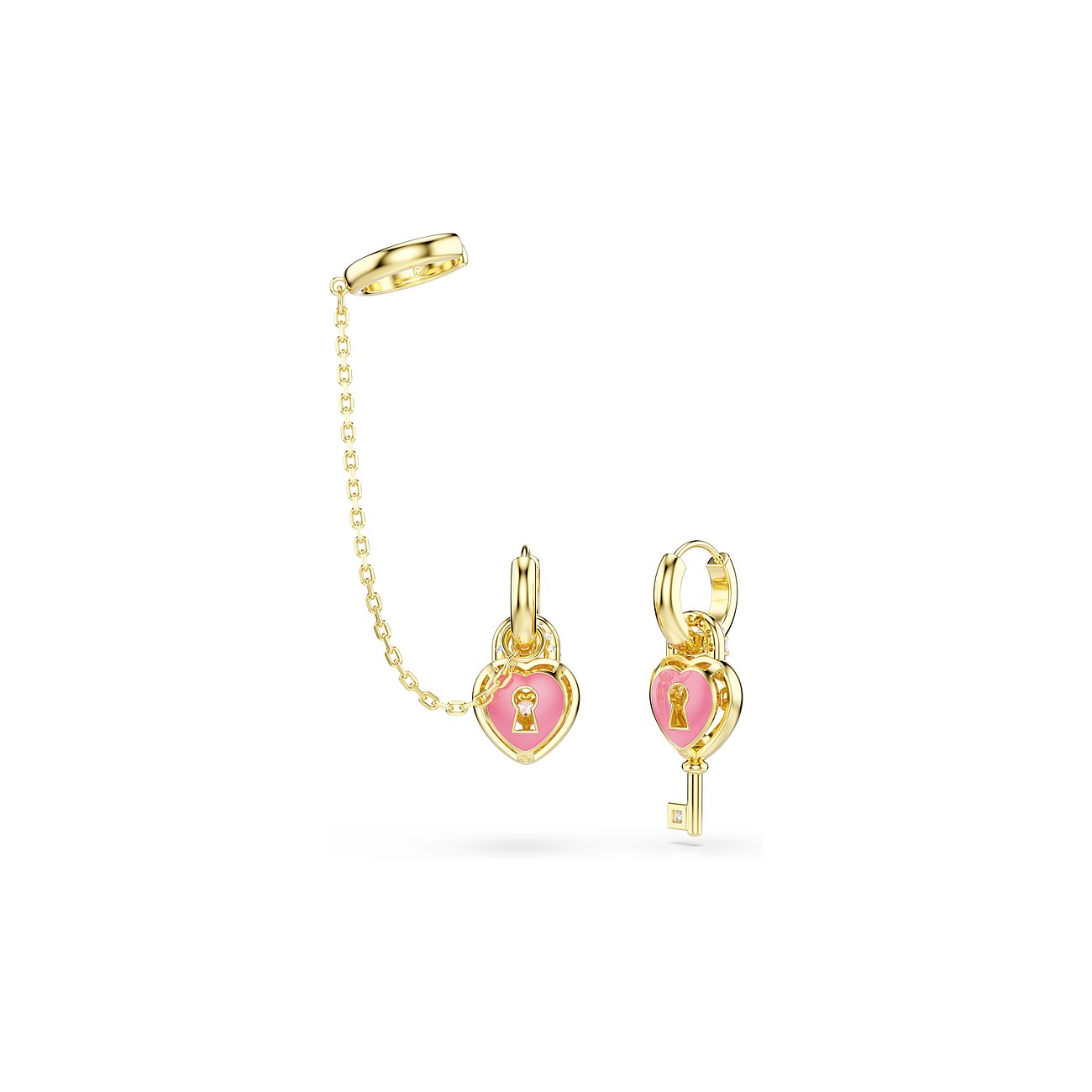 Swarovski Ohrschmuck aus Metall und Farbedelsteinen, bestehend aus herzförmigem goldfarbenem Schloss und passendem Schlüssel.