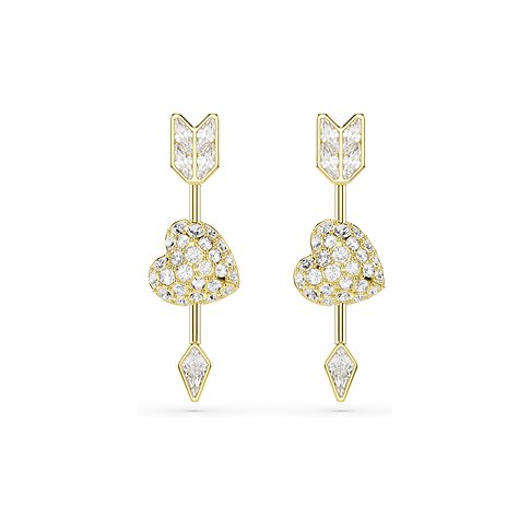 Ein Paar goldfarbener Swarovski Ohrhänger aus Metall in Pfeilform mit herzförmigem Detail, besetzt mit funkelnden Kristallen.