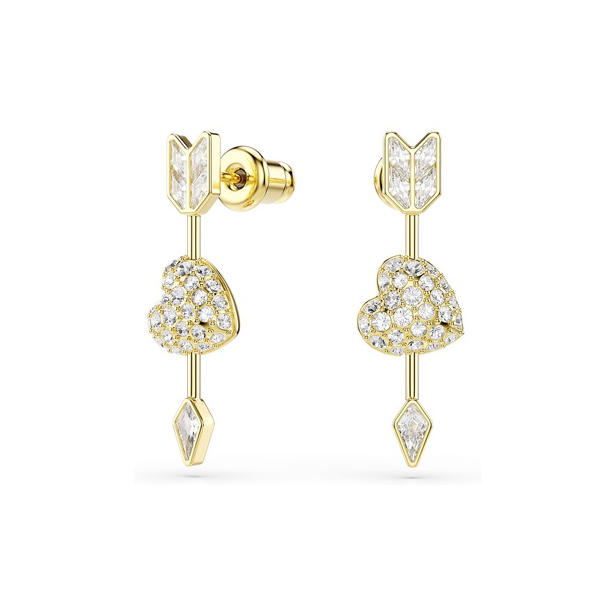 Zwei goldfarbene Swarovski-Ohrringe in Pfeil- und Herzform mit vielen kleinen, klaren Swarovski-Kristallen.