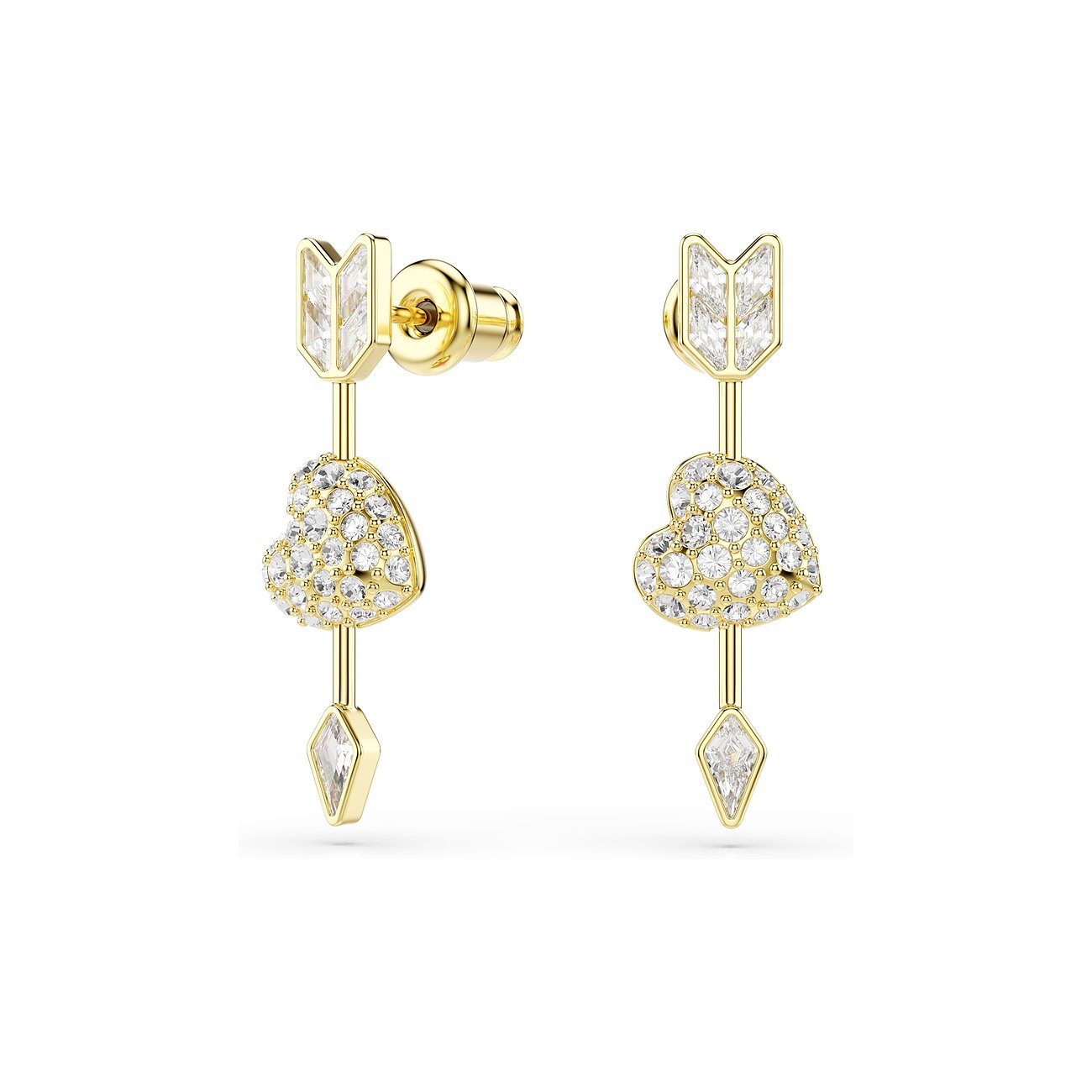 Zwei goldfarbene Swarovski-Ohrringe in Pfeil- und Herzform mit vielen kleinen, klaren Swarovski-Kristallen.