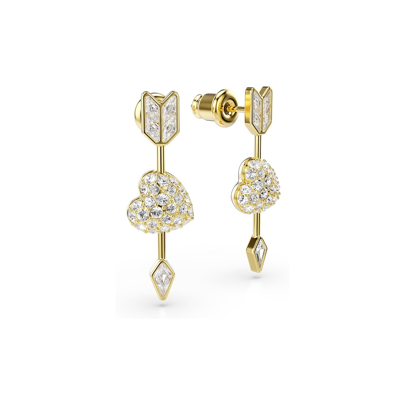 Zwei goldfarbene Swarovski Metall-Ohrstecker in Form von Pfeilen mit funkelnden Swarovski Kristallen besetzten Herzen.