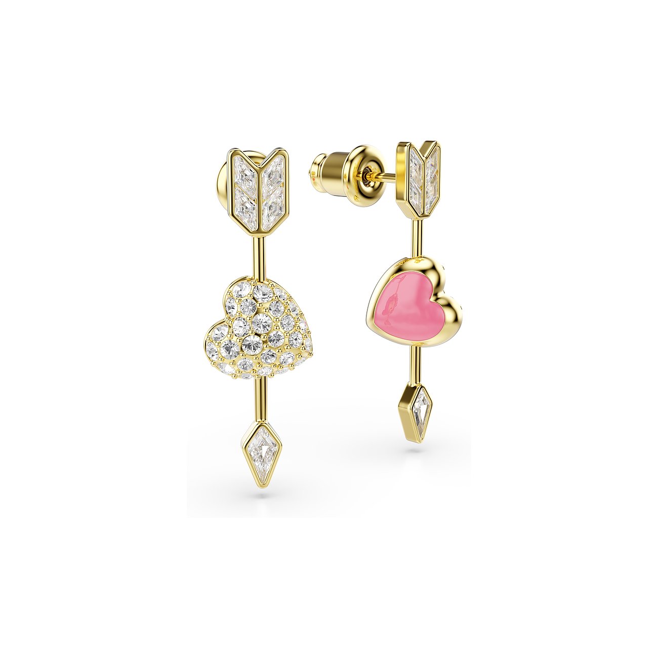 Swarovski Ohrstecker aus goldfarbenem Metall in Form von Pfeilen und Herzen mit Swarovski-Kristallen.