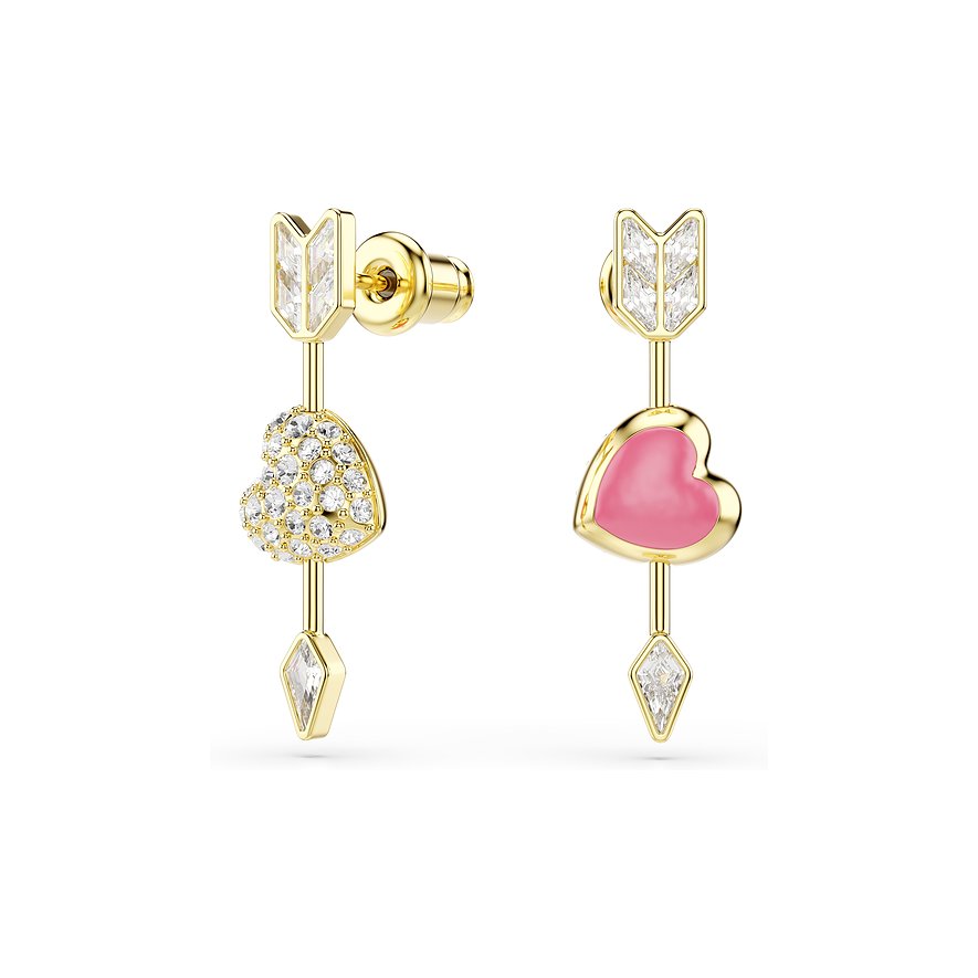 Goldfarbene Swarovski Ohrstecker: ein Herz mit klaren Kristallen, das andere pink emailliert.