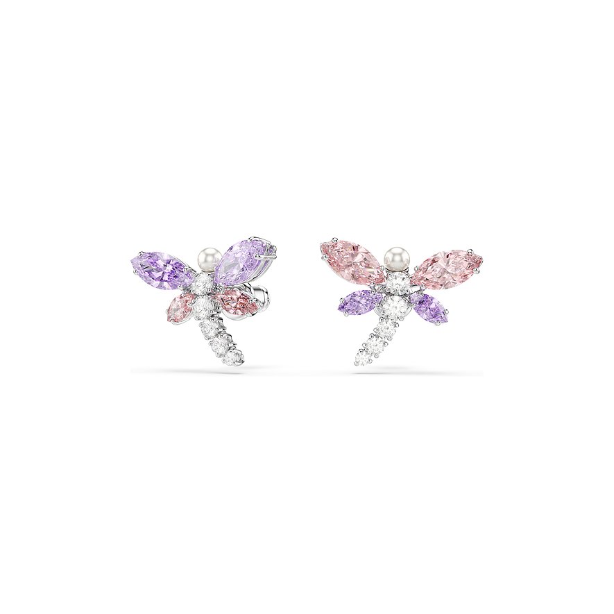Een paar Swarovski vlinder stud oorbellen van metaal met roze, zilveren en paarse Swarovski kristallen.