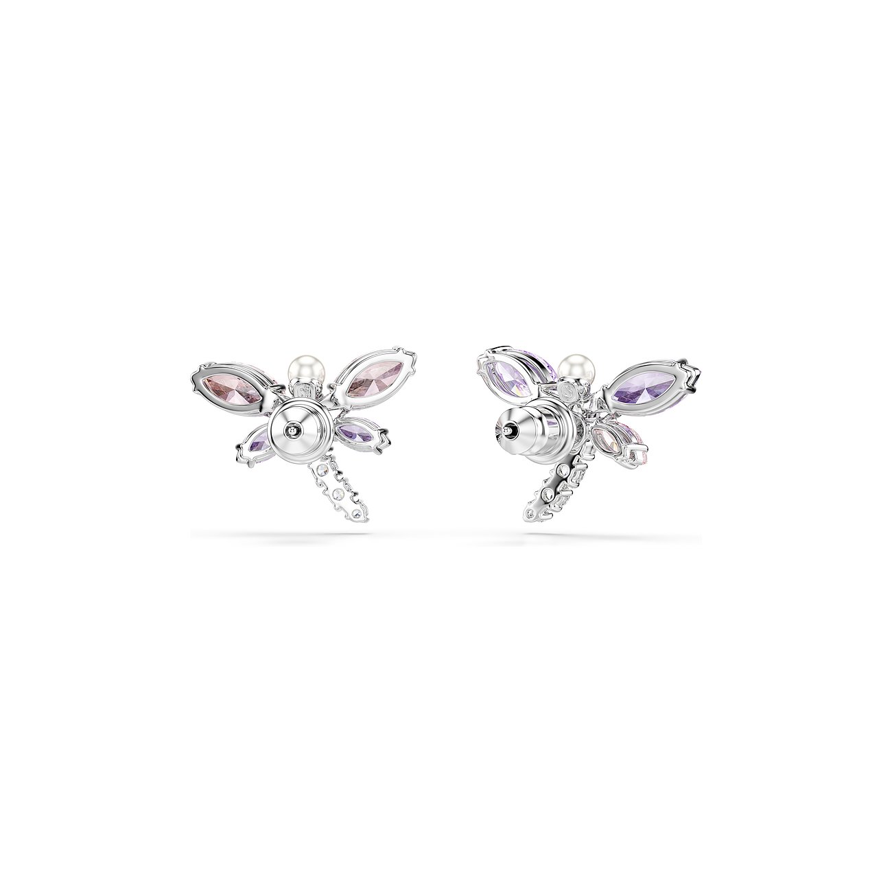 Twee zilverkleurige Swarovski libellen oorknopjes met roze, violette Swarovski kristallen en parels.