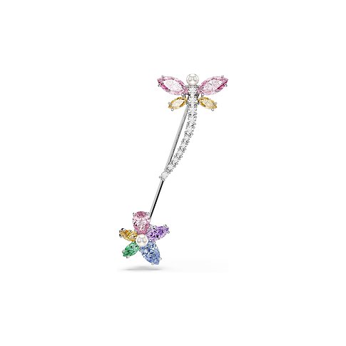 Swarovski Ansteckschmuck aus Metall in Form einer Libelle mit rosafarbenen und gelben Swarovski Kristallen.