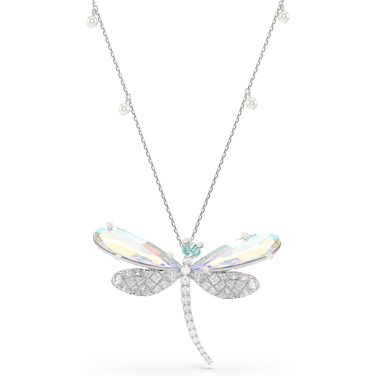 Swarovski ketting: metalen ketting, libellehanger met iriserende Swarovski-kristallen en heldere kleurrijke edelstenen.