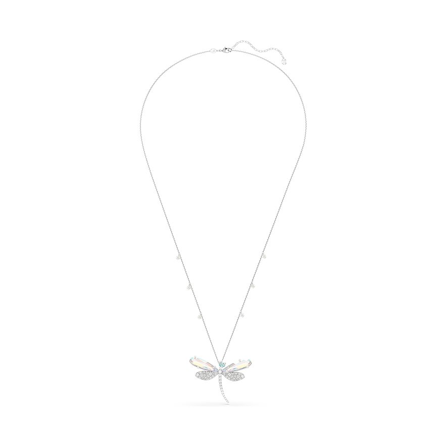 Swarovski metalen halsketting met een libellenhanger, versierd met iriserende Swarovski-kristallen.