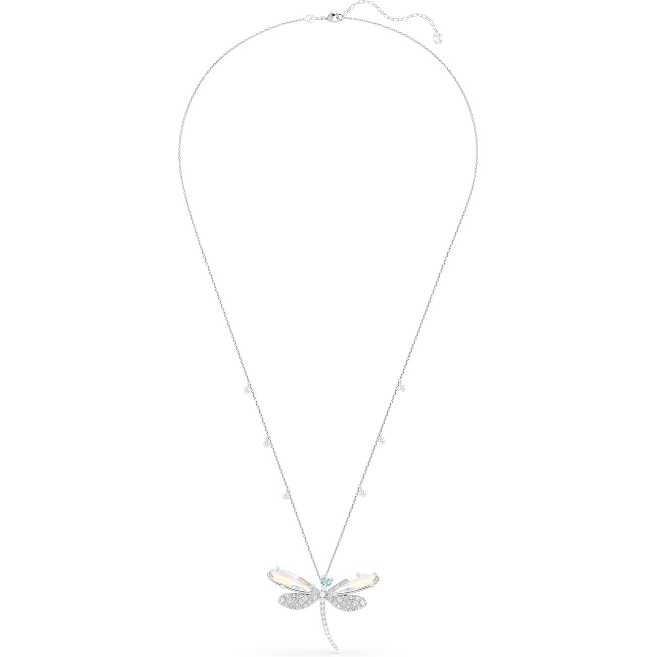 Swarovski metalen halsketting met een libellenhanger, versierd met iriserende Swarovski-kristallen.