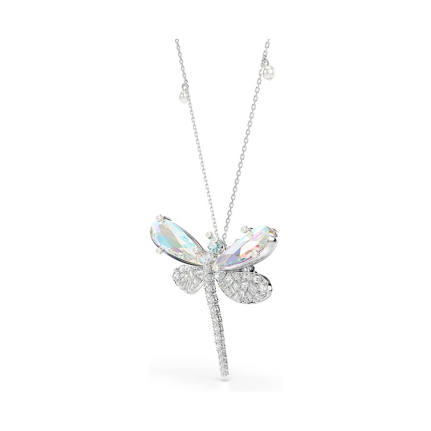 Swarovski libelketting van metaal met grote, iriserende Swarovski-kristallen vleugels en kleinere sprankelende stenen.