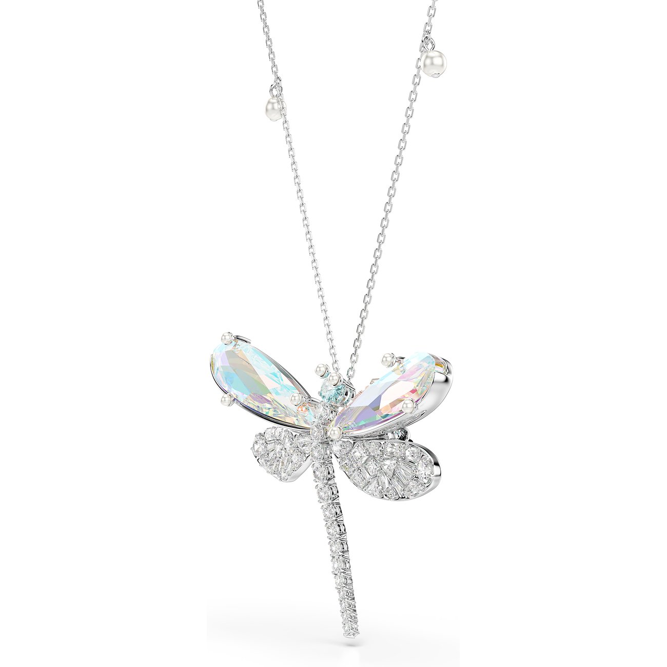 Swarovski libelketting van metaal met grote, iriserende Swarovski-kristallen vleugels en kleinere sprankelende stenen.
