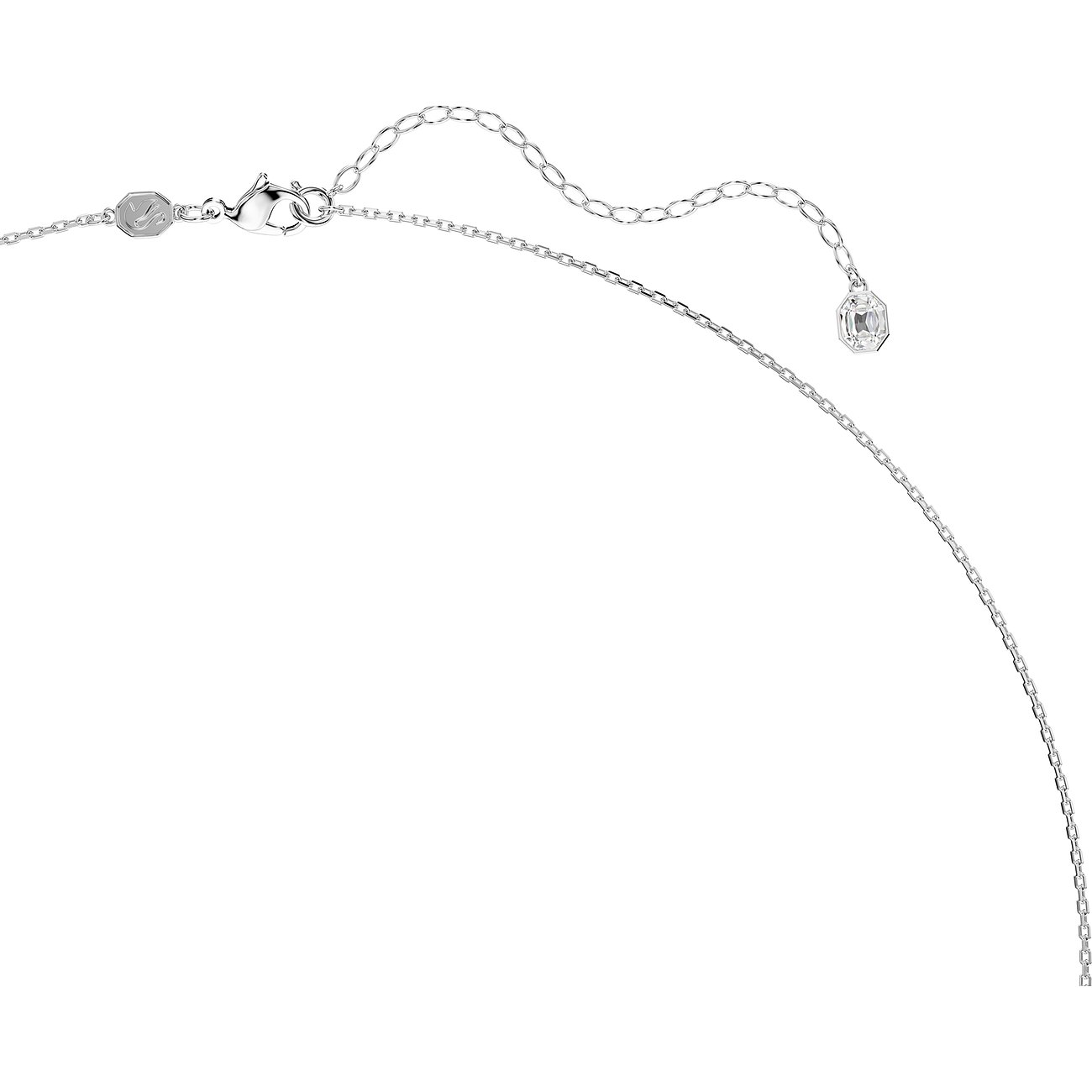 Achterkant van een Swarovski metalen halsketting met sluiting en verstelstuk met Swarovski kristal.