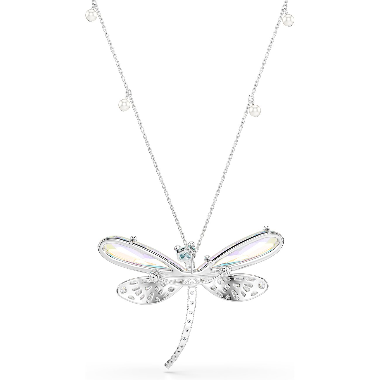 Swarovski metalen halsketting met schitterende libelle, waarvan de vleugels kleurrijke edelstenen tonen.