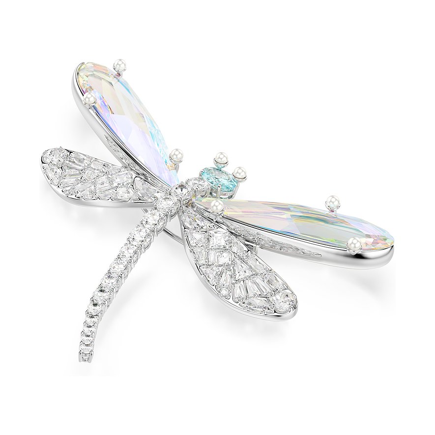 Swarovski libellebroche van metaal met gefacetteerde, iriserende Swarovski-kristallen op vleugels en lichaam.