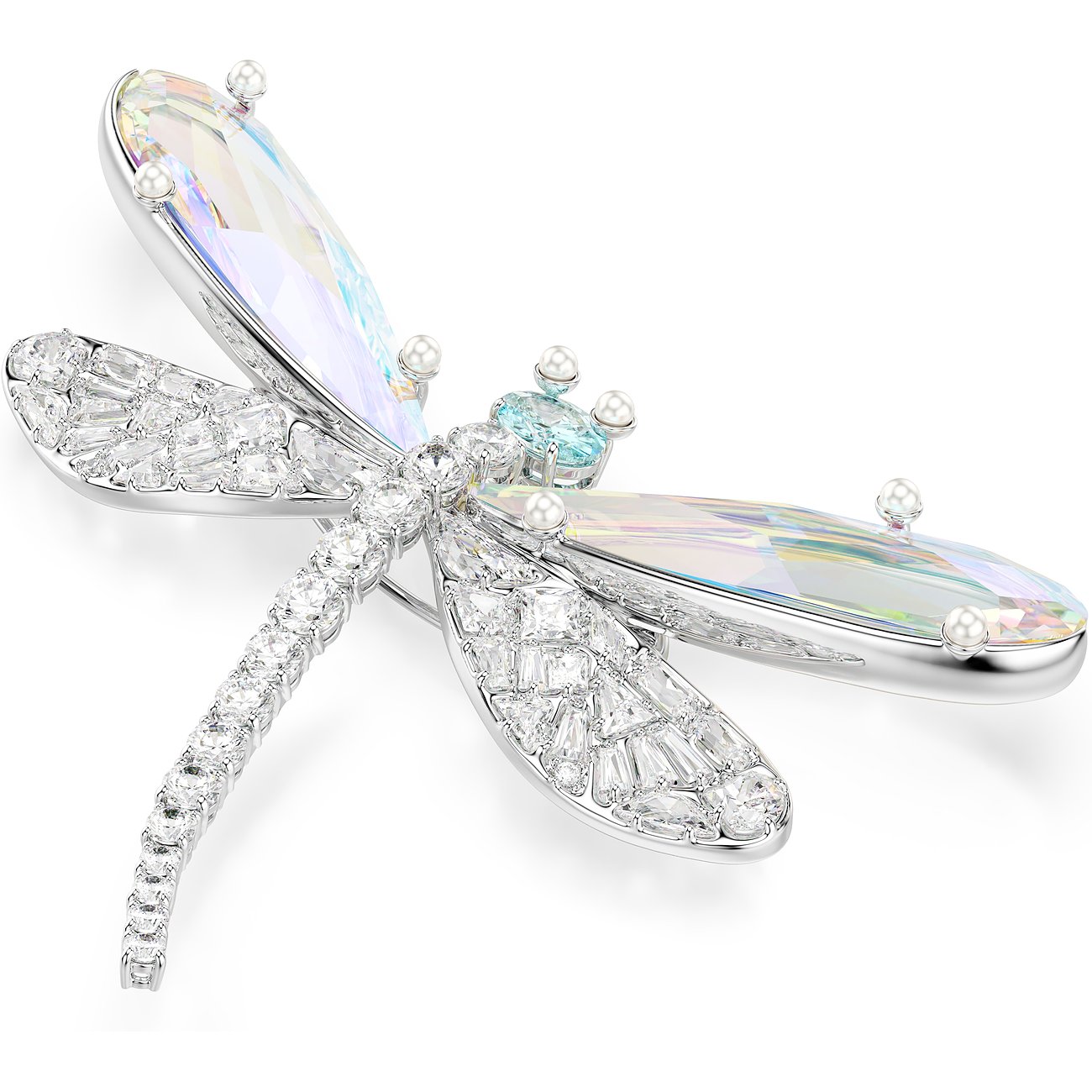 Swarovski libellebroche van metaal met gefacetteerde, iriserende Swarovski-kristallen op vleugels en lichaam.