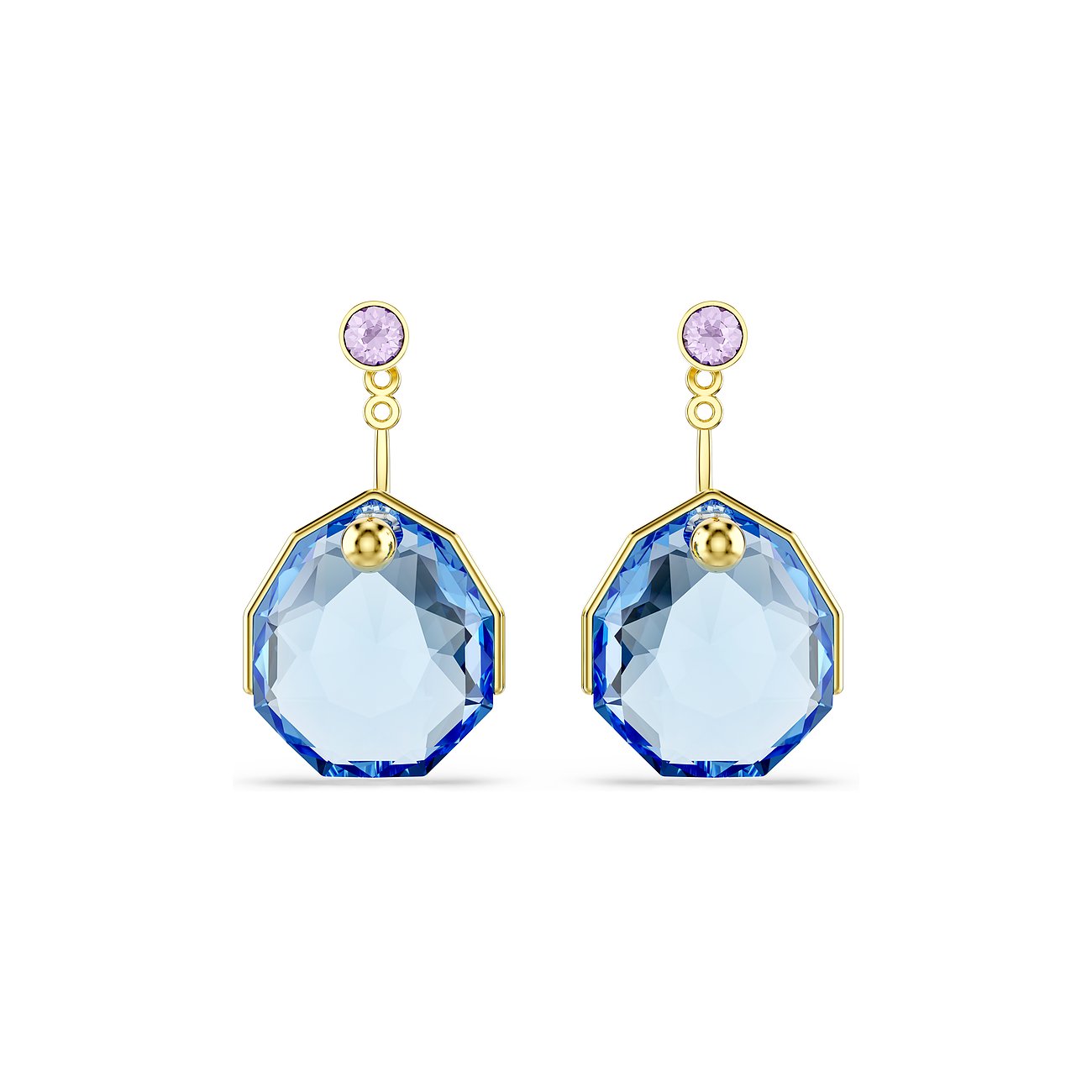 Swarovski Ohrringe aus goldfarbenem Metall mit achteckigen blauen Swarovski-Kristallen und kleinen rosa Kristallen.