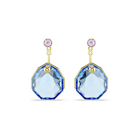 Swarovski Ohrringe aus goldfarbenem Metall mit achteckigen blauen Swarovski-Kristallen und kleinen rosa Kristallen.