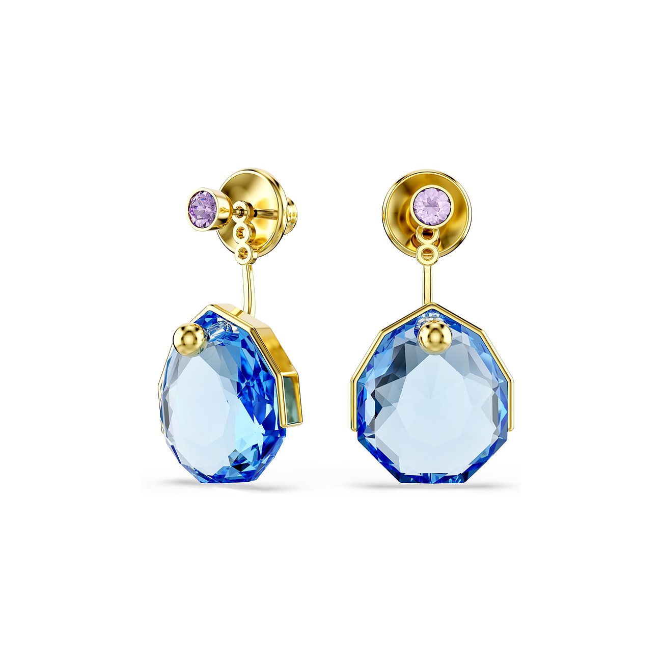 Ein Paar Swarovski Metall Ohrstecker mit tropfenförmigen blauen Swarovski Kristallen und kleinen lila Farbedelsteinen.