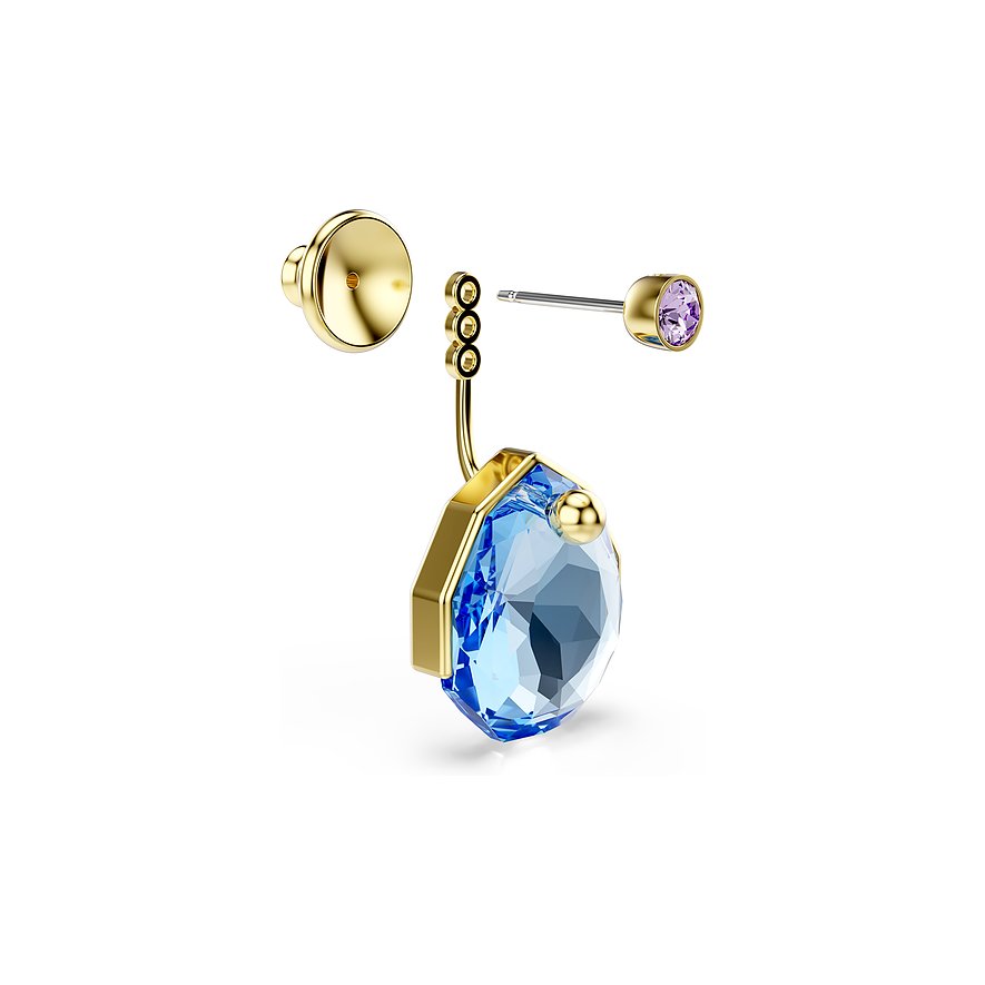 Swarovski Metall-Ohrring: runder lilafarbener Kristall-Ohrstecker, großer blauer tropfenförmiger baumelnder Kristall.