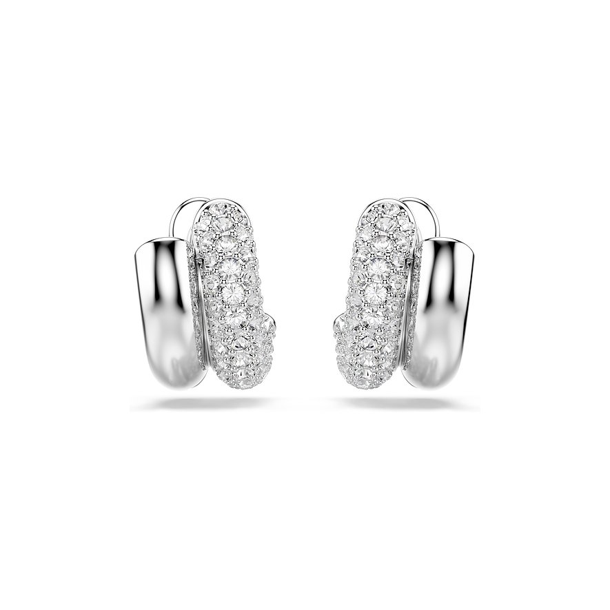 Zwei glänzende Swarovski Metall Ohrringe. Außen sind sie mit klaren Swarovski Kristallen besetzt, innen spiegelglatt.