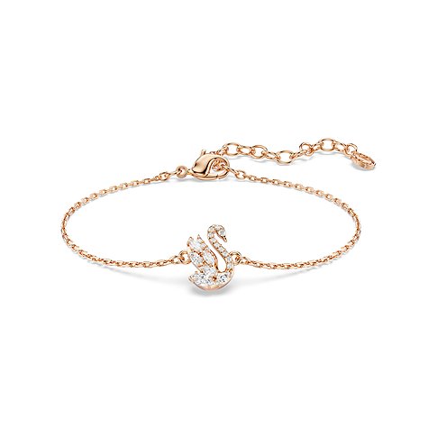 Swarovski Armschmuck aus rosévergoldetem Metall, verziert mit einem Schwan-Anhänger und klaren Swarovski Kristallen.