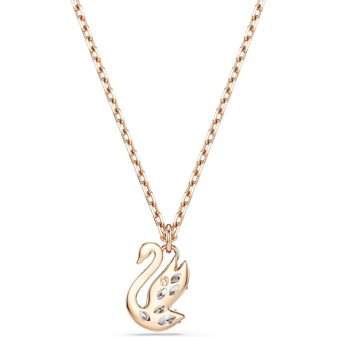 Swarovski Halsschmuck aus roségoldfarbenem Metall mit Schwanen-Anhänger, verziert mit weißen Swarovski-Kristallen.