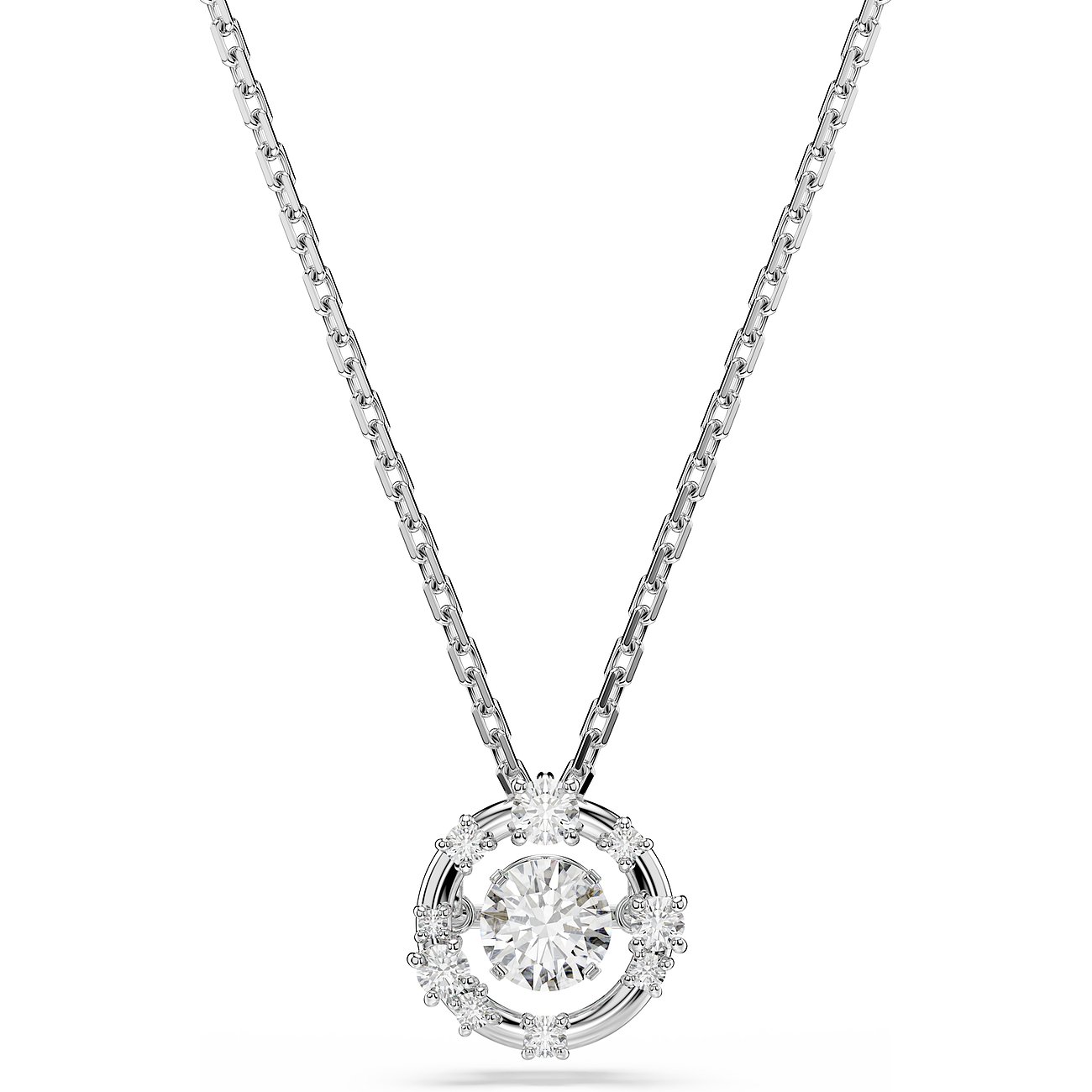 Swarovski Halskette aus Metall mit rundem Anhänger, der einen schwebenden Swarovski-Kristall und kleinere Steine zeigt.