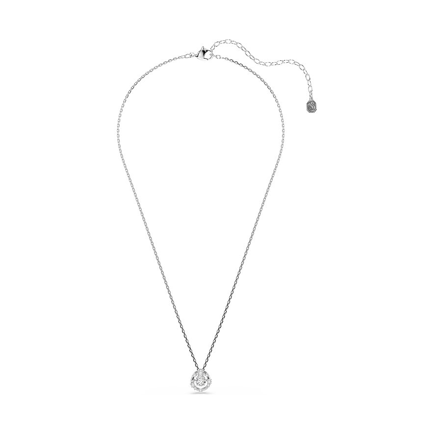 Swarovski Halskette aus Metall mit rundem Anhänger, der einen einzelnen hellen Swarovski-Kristall umschließt.