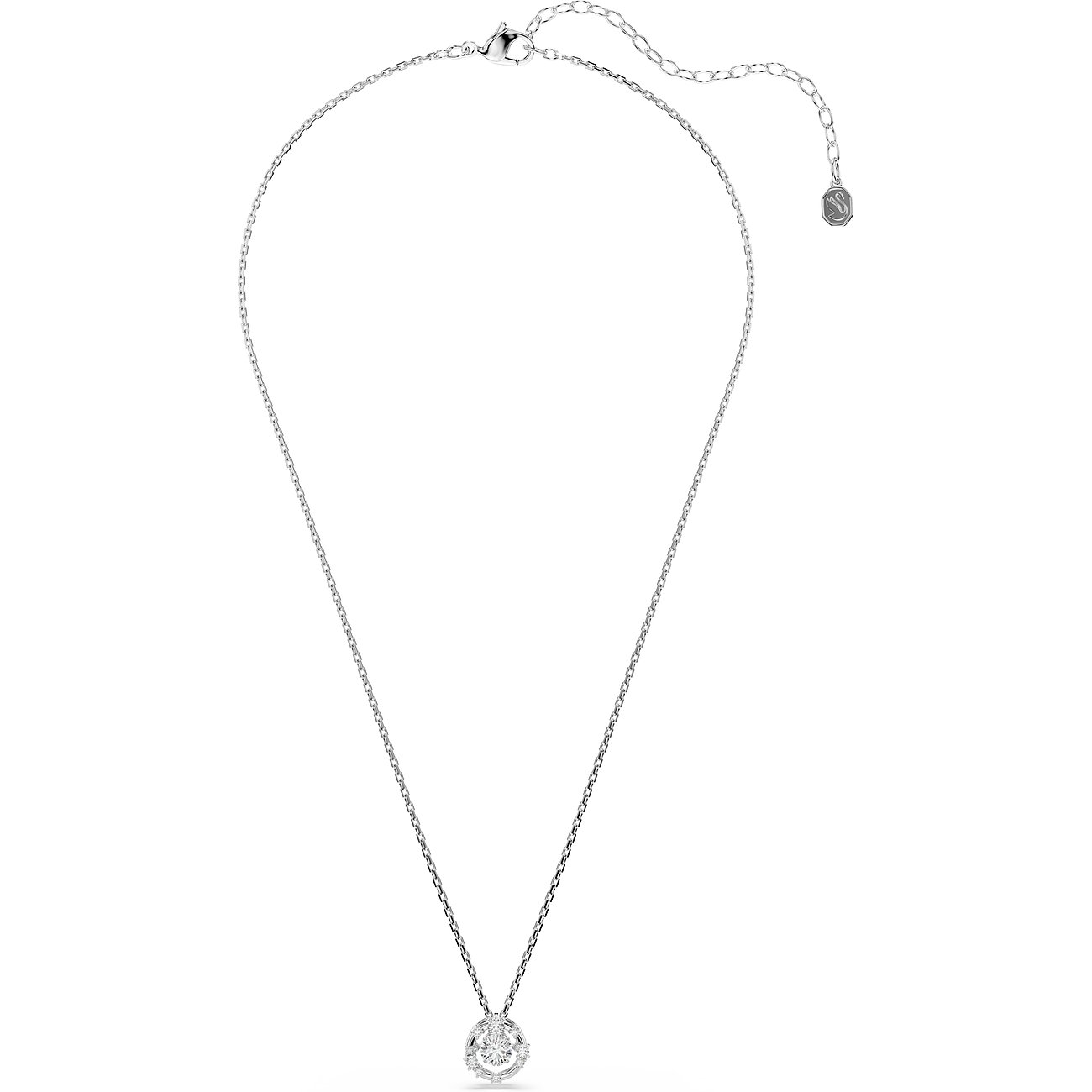 Swarovski Halskette aus Metall mit rundem Anhänger, der einen einzelnen hellen Swarovski-Kristall umschließt.