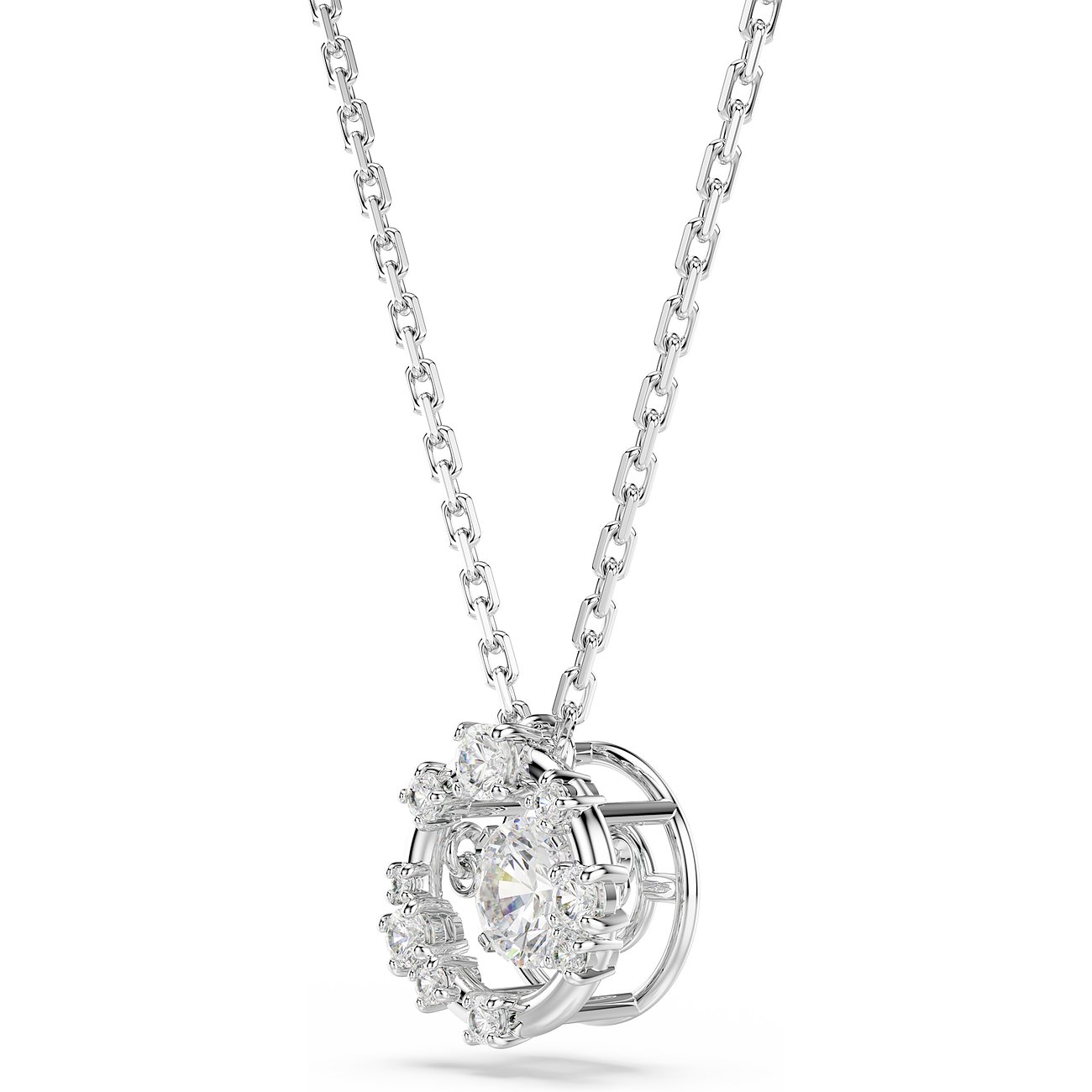 Swarovski Halskette aus Metall mit rundem Anhänger, der in der Mitte einen großen und außen kleinere Kristalle hat.