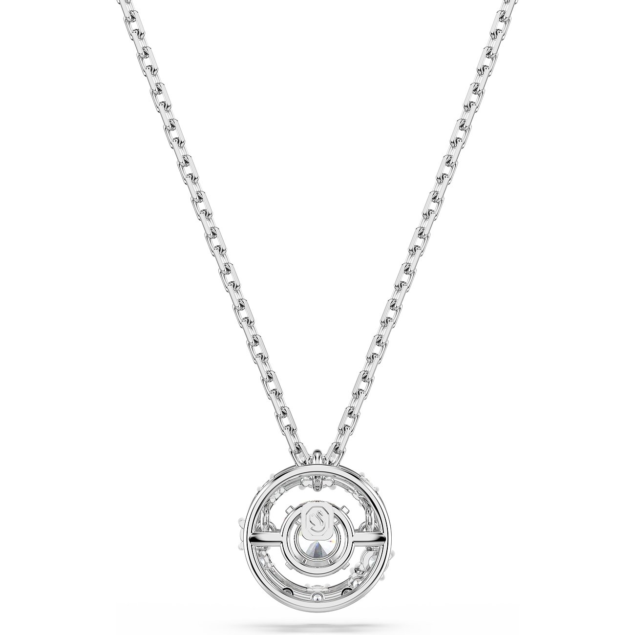Swarovski Halskette aus Metall mit rundem Anhänger und Farbstoff aus Swarovski-Kristall, Rückansicht.
