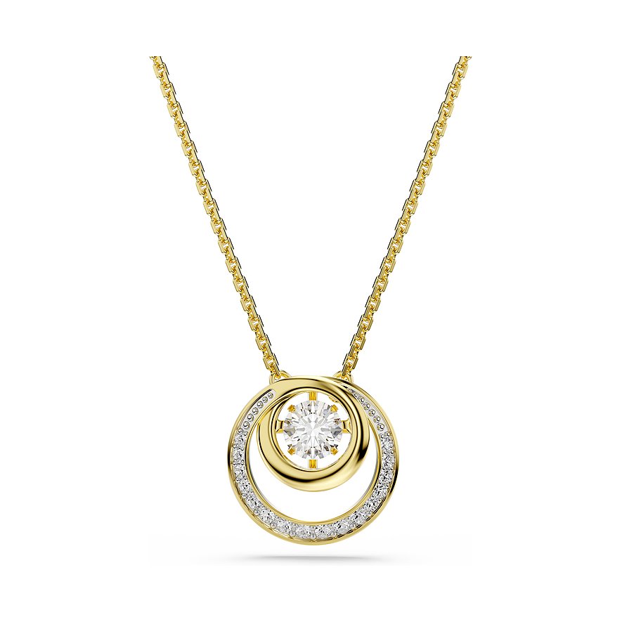 Goldfarbene Swarovski-Halskette mit rundem Anhänger. Ein runder Swarovski-Kristall ist von zwei Ringen umgeben.