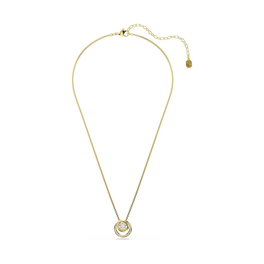 Swarovski Halskette aus goldfarbenem Metall mit ringförmigem Anhänger und zentralem, funkelndem Swarovski-Kristall.