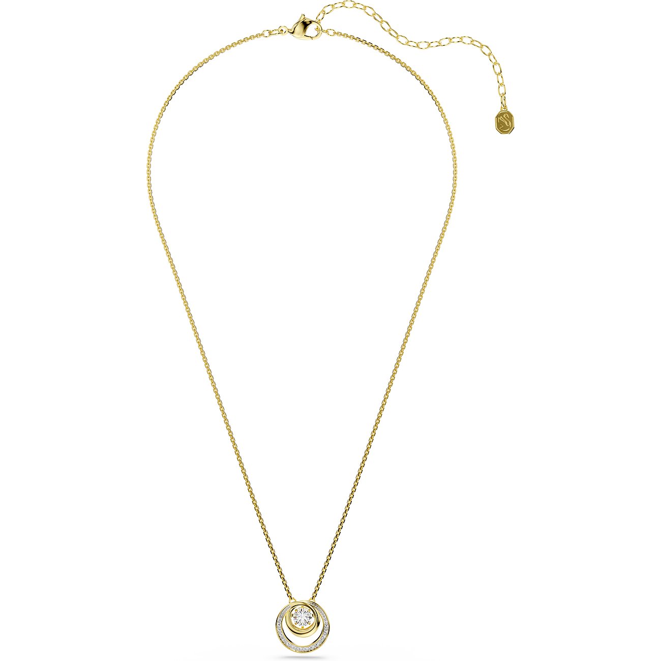 Swarovski Halskette aus goldfarbenem Metall mit ringförmigem Anhänger und zentralem, funkelndem Swarovski-Kristall.