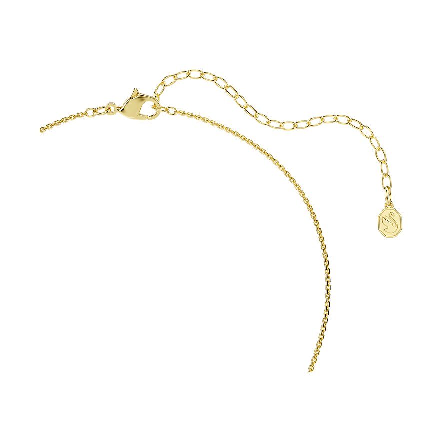 Rückseite einer goldenen Swarovski Metall Halskette mit Karabinerverschluss und Verlängerung mit Swarovski Logo.